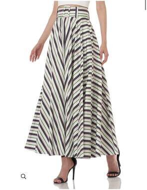 AMUR Morgan Multi-Color Striped A-Line Belted Maxi Skirt